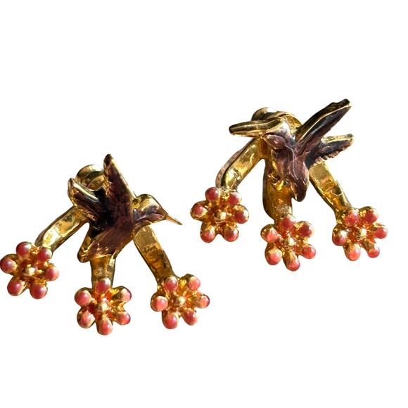 Vintage JJ hummingbird and cherry blossom gold town stud earrings - Picture 3 of 6